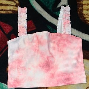 “Ruffle Strap Rib-knit Tie Dye Top”